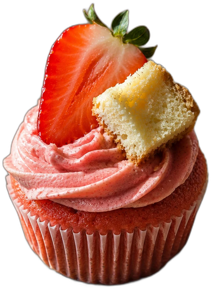 Strawberry cheesecake cupcake with pink buttercream, a fresh strawberry and a cube of cheesecake on top